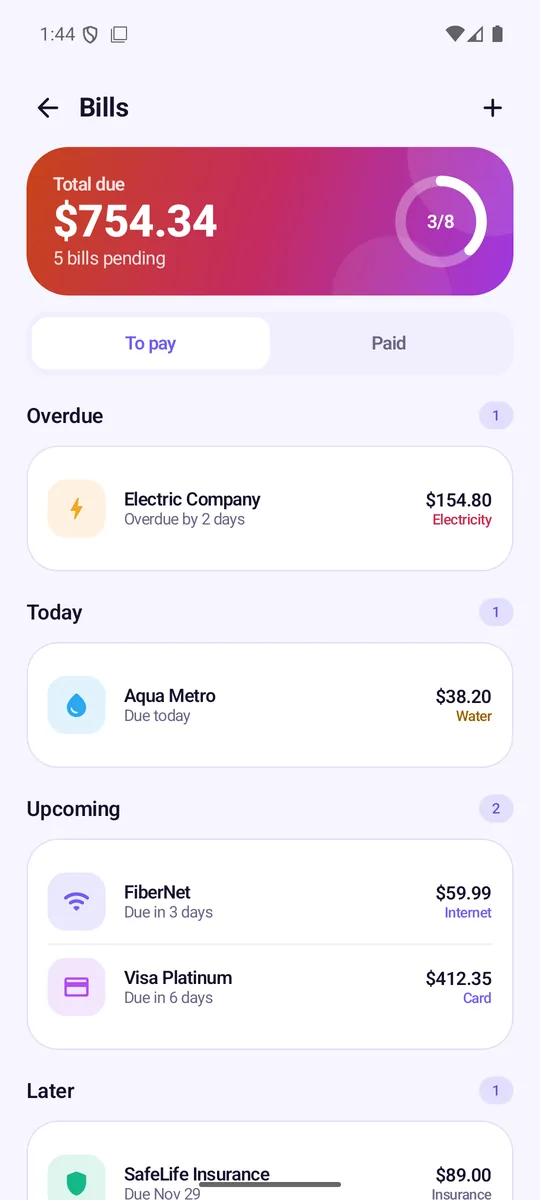 List of bills with their status and due date