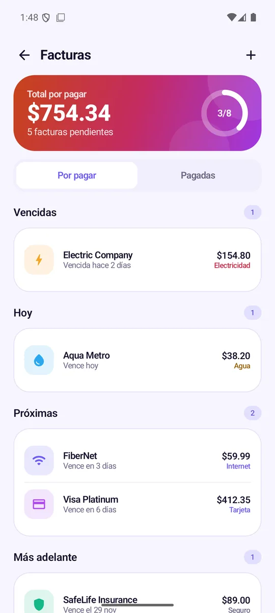 Lista de facturas con su estado y vencimiento