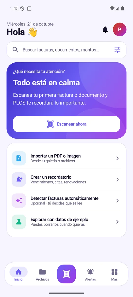 Pantalla de inicio de PLOS con el resumen de pagos próximos