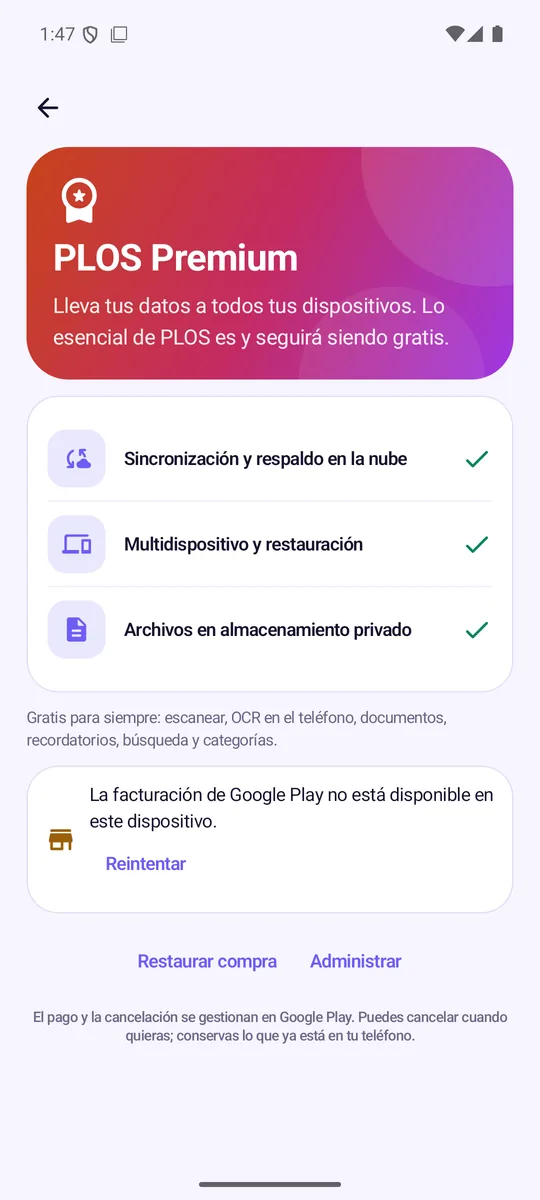 Pantalla de PLOS Premium