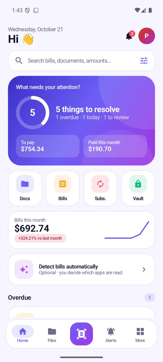 PLOS home screen with a summary of upcoming payments